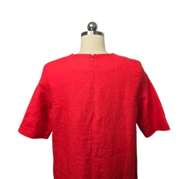 Emerson Fry Dress Womens Medium Red Linen Shift Short Sleeve Keyhole Made in USA